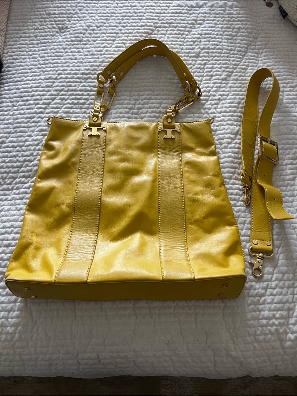 Tory Burch Yellow Leather Shoulder Tote with Detachable Strap